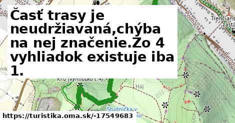 Časť trasy je neudržiavaná,chýba na nej značenie.Zo 4 vyhliadok existuje iba 1.